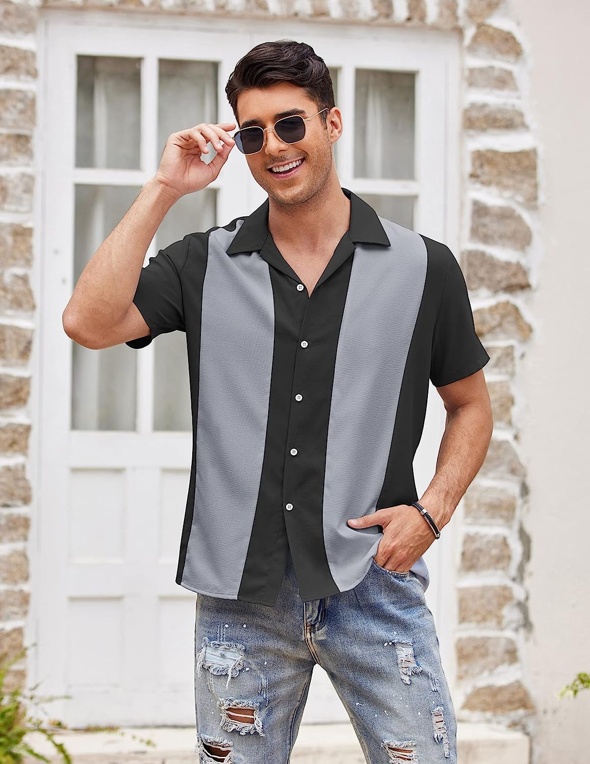 Men'S Vintage Bowling Shirt Short Sleeve Button down Summer Cuba Beach Shirts