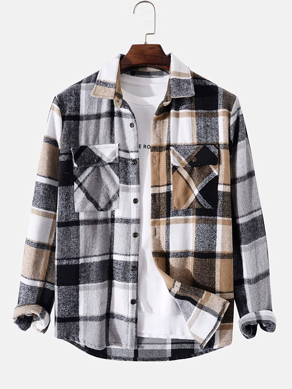 Mens Plaid Shirt,Long Sleeves,Classic Flannel Shirt Button down Shirt Jacket Tops