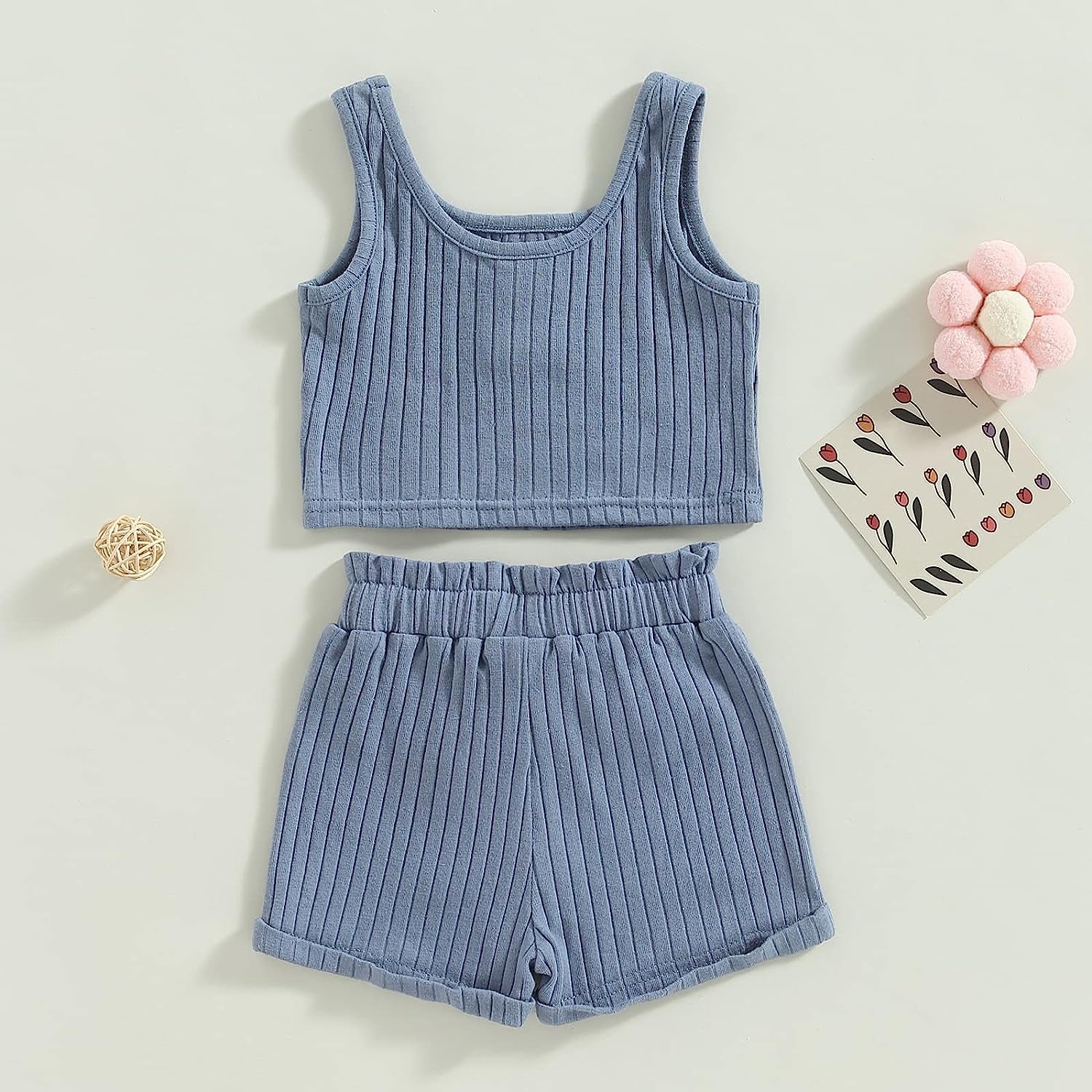 Toddler Girls Summer Clothes Solid Color Button Ribbed Vest Crop Tops Drawstring Shorts 