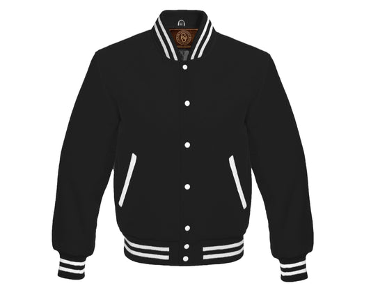 All Black Wool with White Stripes Varsity Jacket Letterman Baseball Bomber Style